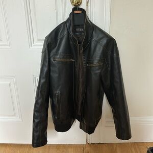 GUESS Men's Dark Brown Leather Bomber Jacket